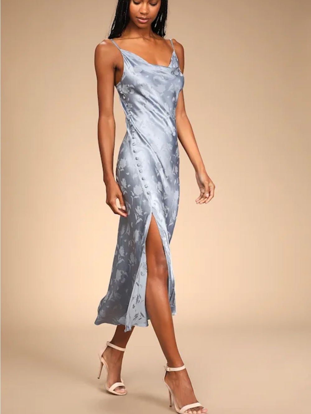 Lulu's Dusty Blue Floral Slip Midi Dress with Side Slit